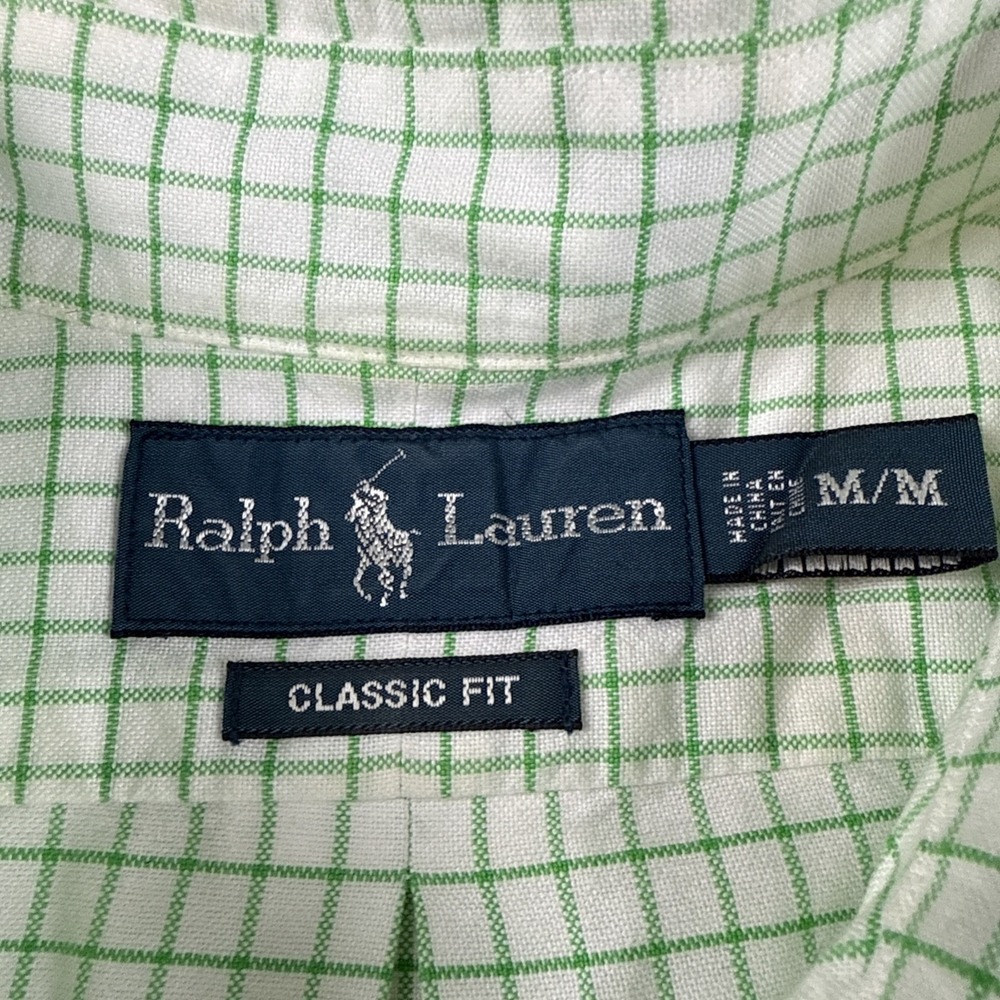 Ralph Lauren Classic Fit Button Shirt M Green White Check Short Sleeve Cotton - Picture 5 of 8